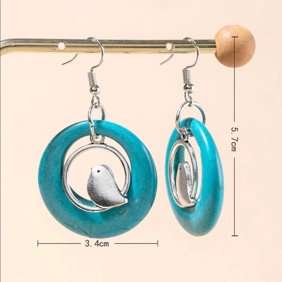 Silver Bird Turquoise Stone Hoop Drop Earrings - Picture 7 of 16